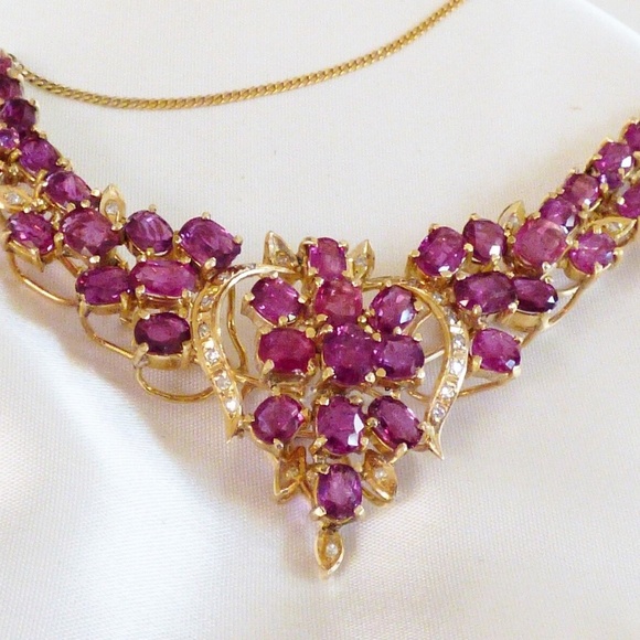 VTG Custom Made 14k yellow gold 16.55 TCW Ruby & Diamond Floral design Necklace - Picture 2 of 11